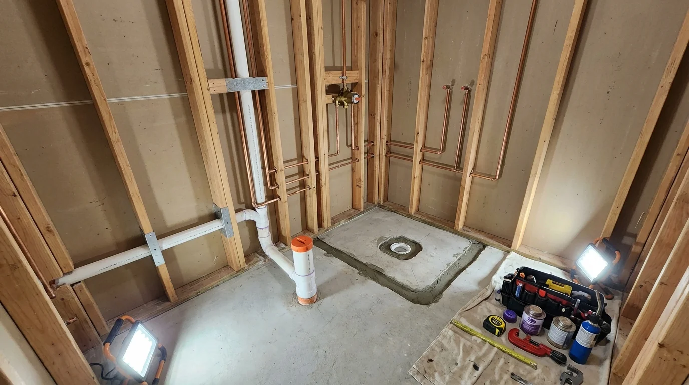 Bathroom rough-in plumbing during remodel by Johns Plumbing LLC in Lennox