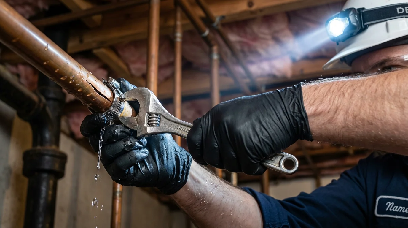 Emergency pipe clamp repair being performed by a Johns Plumbing LLC plumber in Lennox