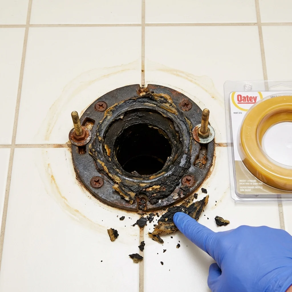 Failed wax ring showing water seepage at the base of a toilet in a Lennox, SD home