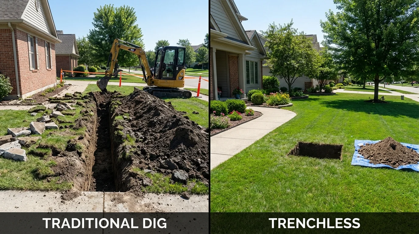 Trenchless sewer repair with minimal yard damage versus traditional excavation in Lennox, SD