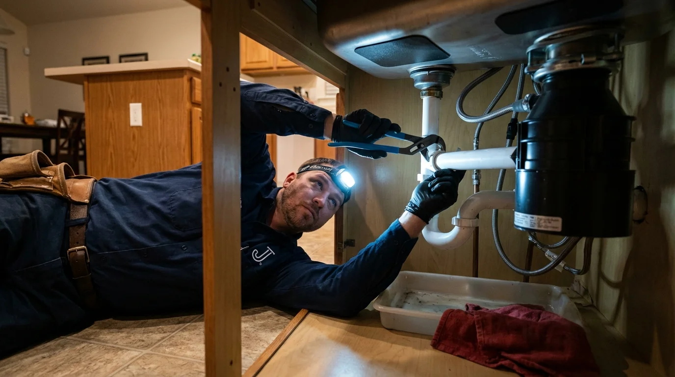 P-trap and supply line connections under a kitchen sink showing a common leak point in Lennox, SD